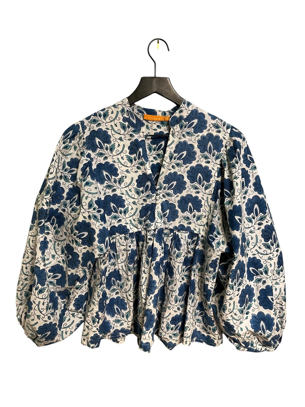 Oliphant peasant Printed Peasant Blouse in Blue and White, size small